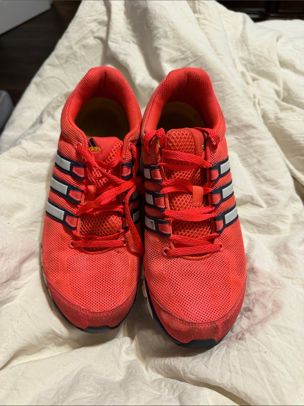 adidas Women’s Bright Coral Running Sneakers with Navy and White Stripes